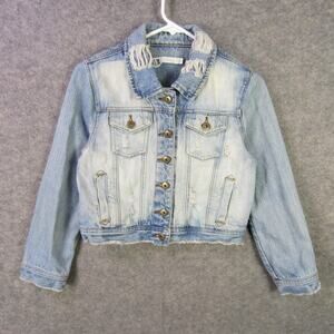 Millou Denim Jacket Womens Small Distressed Cropped Raw Hem Jean Coat Trendy